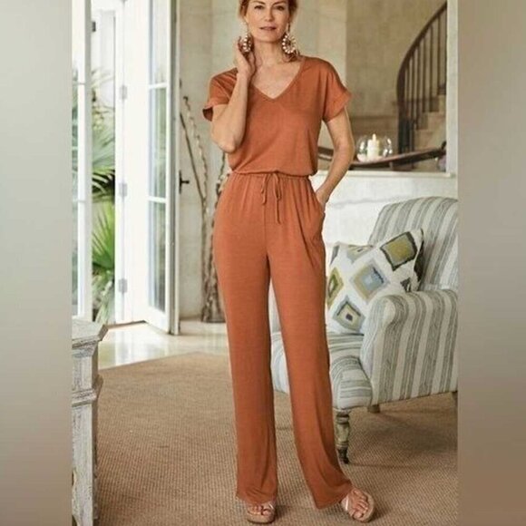 Soft Surroundings Roslyn Jumpsuit Burnt Orange Spice Jersey Knit Petite XS - Picture 1 of 6
